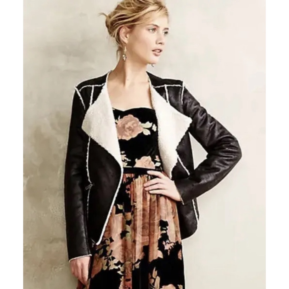 Anthropologie Cartonnier Black Vegan Leather Shearling Jacket - Picture 2 of 6